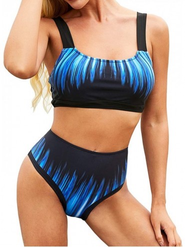 Sets Womens Two Piece High Waisted Swimsuits Push Up Halter Bikini Striped Padded Bathing Suits - Blue1 - CR198Q8XCAK $41.54