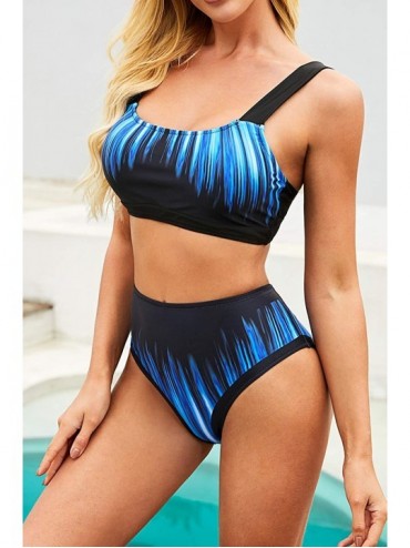 Sets Womens Two Piece High Waisted Swimsuits Push Up Halter Bikini Striped Padded Bathing Suits - Blue1 - CR198Q8XCAK $18.83