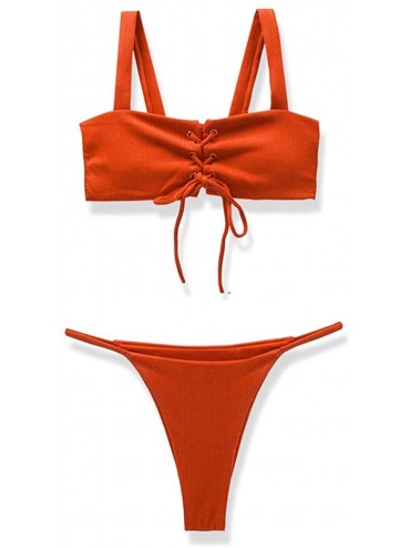 Sets Women's Tie Knot Front Strap Solid Bikini Set Thong Swimwear Sexy Beach wear - Red - C5194Q4Z47C $44.87
