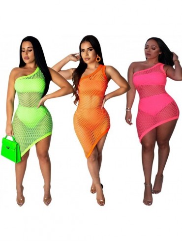 Cover-Ups Women One Shoulder See Through Asymmetrical Hollow Out Fishnet Cover up Dress 3 Piece Beach Outfits - Pink - CS18R8...