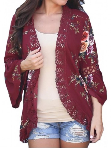 Cover-Ups Women's Floral Kimono Lace Long Sleeve Casual Crochet Cardigan Wrap Chiffon Outwear Cover Up Tops - Red - CU189QL65...