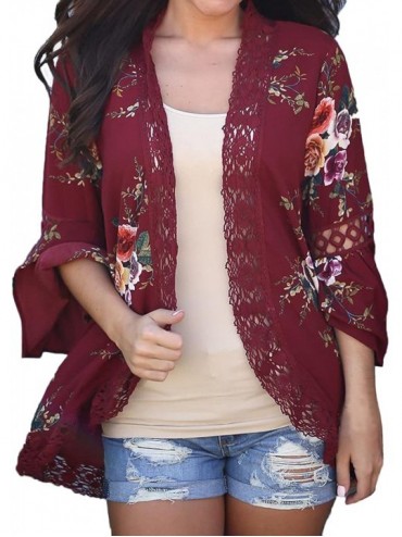 Cover-Ups Women's Floral Kimono Lace Long Sleeve Casual Crochet Cardigan Wrap Chiffon Outwear Cover Up Tops - Red - CU189QL65...