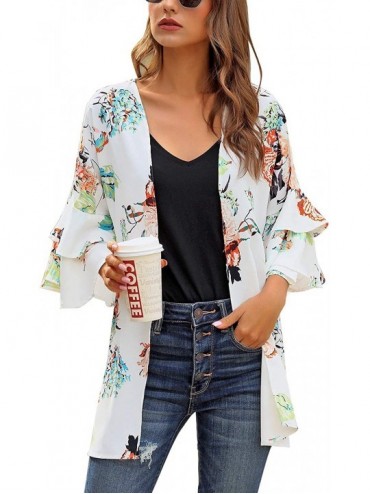 Cover-Ups Women Open Front Loose Kimono Cardigan Mesh Bell Sleeve Beach Cover Up - P 0173-1 White Floral - C0196U5T785 $46.48