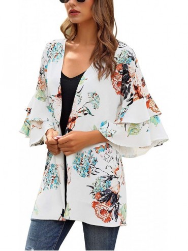 Cover-Ups Women Open Front Loose Kimono Cardigan Mesh Bell Sleeve Beach Cover Up - P 0173-1 White Floral - C0196U5T785 $21.36