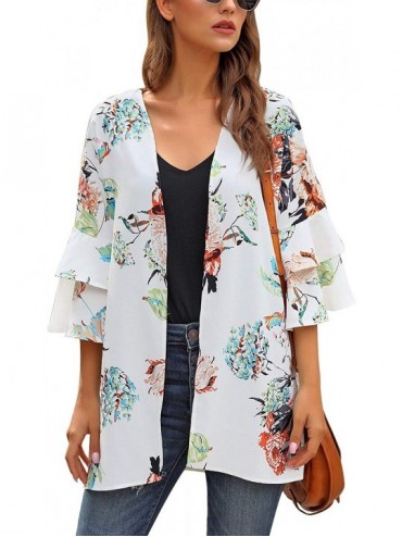 Cover-Ups Women Open Front Loose Kimono Cardigan Mesh Bell Sleeve Beach Cover Up - P 0173-1 White Floral - C0196U5T785 $21.36