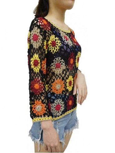 Cover-Ups Women's Hand Crochet Top Beach Bikini Cover Ups Crew Neck - Multicolor 1 - CZ18SR63KZD $42.06