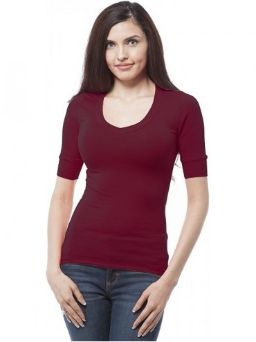 Tankinis Women's Plain Basic Elbow Length Sleeves V Neck Top Fitted Shirt - Dark Burgundy - CM18733WNE5 $25.85
