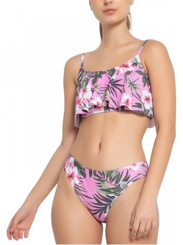 Sets Women's 2 Piece Flutter Top & Moderate Bikini Swimsuit Set - Flower Garden Pink - C718R5HHG98 $47.11