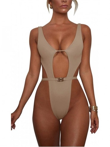One-Pieces Women Sexy Deep V Neck Strappy Cut Out Swimsuit Girl One Piece Sleeveless Backless Thong Monokini Bathing Suit Yel...