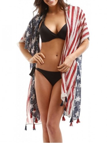 Cover-Ups Women's Summer American Flag Beach Cover up Poncho Tunic Top Scarf Wrap. - Kimono - Usa Flag - CG180TSZC6A $31.32