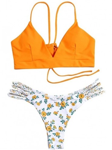 Sets Two Piece Bikini Swimsuit for Women Halter Bikini Set Back Criss Cross Braided Spaghetti Strap Flower Swimwear - 08 Oran...