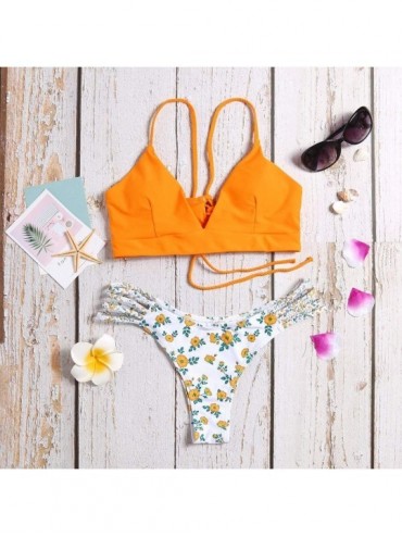 Sets Two Piece Bikini Swimsuit for Women Halter Bikini Set Back Criss Cross Braided Spaghetti Strap Flower Swimwear - 08 Oran...