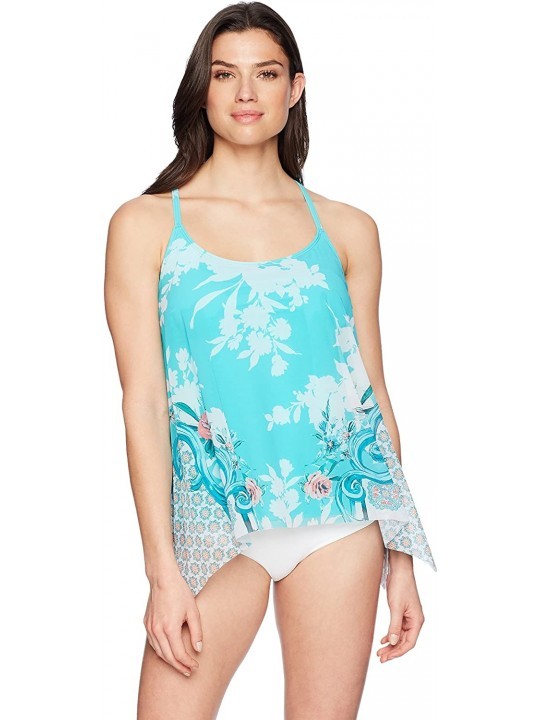 Tankinis Women's Tankini Top Swimsuit with Mesh Layer Detail - Larimar Aqua - C91803GLE60 $39.35