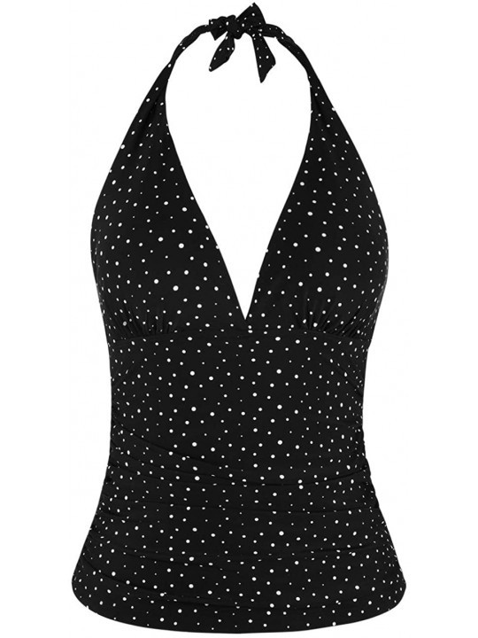 Tops Women's Plunging V Neck Halter Swim Tops Shirred Tankini Top - Irregular Dot Black - C818SHICWS4 $28.16