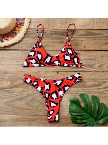 Sets Women's Printed Scoop Neck Padded Brazilian Thong Bikini High Cut Bathing Suits - Red - CA194GK0ER4 $14.55