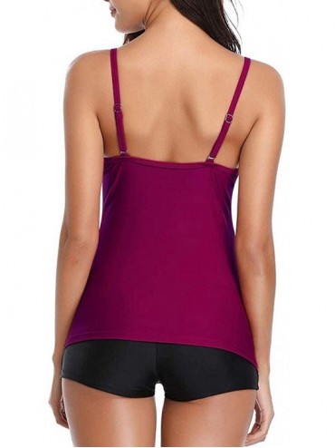 Racing Women's Tankini Set Ruffle Tummy Control Swimsuits Top Shorts Bathsuit - Hot Pink - CP196I9X4QD $18.86