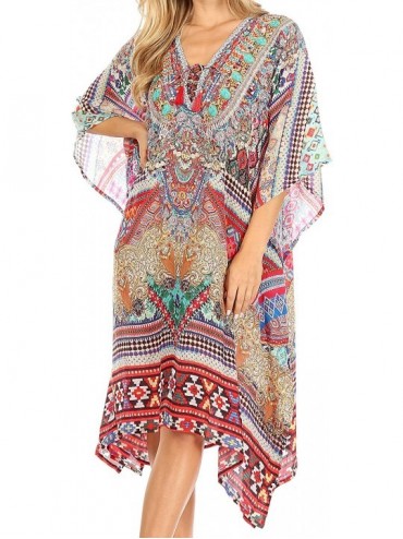 Cover-Ups Zeni Women's Short Sleeve V-Neck Summer Floral Print Caftan Dress Cover-up - Am392-multi - C7197YMR2N0 $66.94