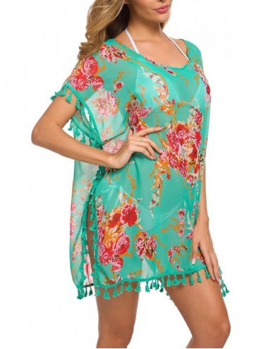Cover-Ups Women's Stylish Chiffon Tassel Beachwear Bikini Swimsuit Cover up - Green Flower - CH18WQL62AC $28.59