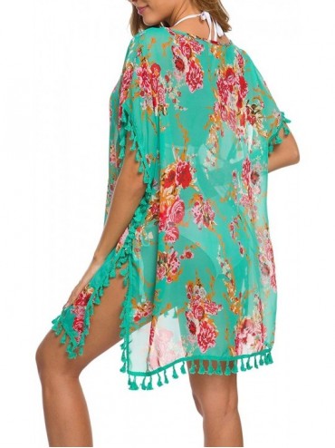 Cover-Ups Women's Stylish Chiffon Tassel Beachwear Bikini Swimsuit Cover up - Green Flower - CH18WQL62AC $11.59