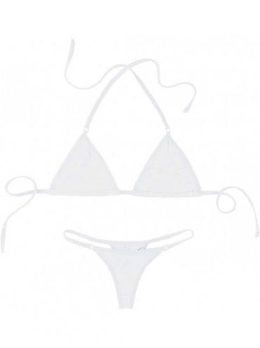 Sets Women's 2 Pieces Bikini Set Halter Micro Crop Bra Top with G-String Thongs Underwear Lingerie - White - CQ18NW4LTC3 $19.97