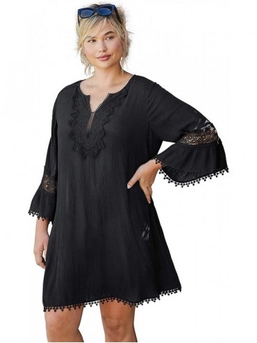 Cover-Ups Women's Plus Size Embroidered Crinkle Cover Up Swimsuit Cover Up - Black (0444) - CJ199L74R8C $81.11