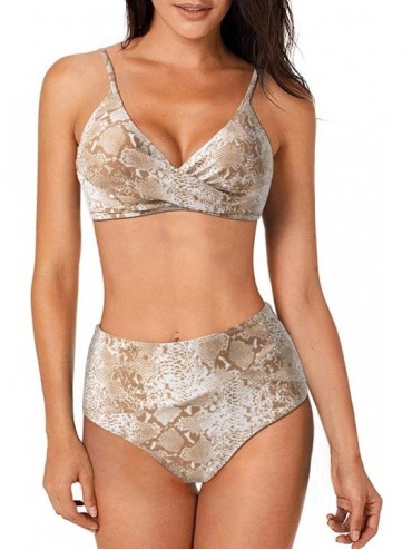 Sets Women Stripe Wrap Top High Waisted Bikini Twist Two Piece Swimsuit - Brown-snake - CW1904COWQT $45.87