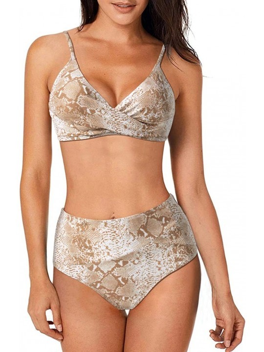 Sets Women Stripe Wrap Top High Waisted Bikini Twist Two Piece Swimsuit - Brown-snake - CW1904COWQT $24.74
