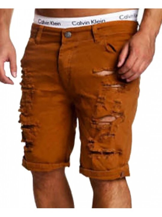 Board Shorts Men's Pleated Slim Fit Jeans Skinny Ripped Distressed Denim Shorts Pants - Coffee - C918D8S8HA9 $26.12