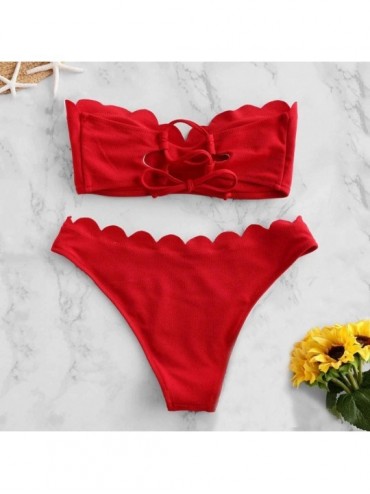 One-Pieces Swimsuit for Women Tummy Control High Waisted Bikini Scalloped Flounced Off Shoulder Solid Wavy Edge Swimwear Red ...
