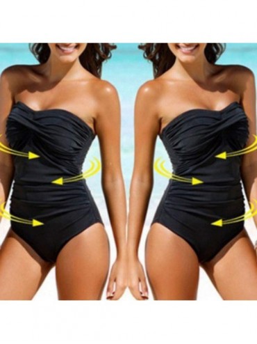 One-Pieces Strapless Women's One Piece Swimsuits- Front Twist Swimwear- Ruched Tummy Control Bathing Suits- MITIY - Black - C...