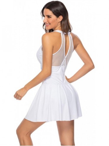 One-Pieces Women's One Piece High V Neck Mesh Ruched Swimdress Tummy Control Bathing Suit - White - C818TR2WH69 $23.58
