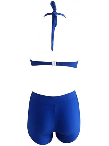 Sets Women Bras with Shorts Bikinis Padded Push Up Swimsuit Bathing Suit Solid Color Halter Swimwear Backless Tankini Set - B...