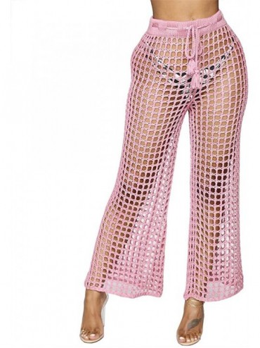 Cover-Ups Sexy Women Crochet Lace Hollow Out Bell-Bottoms Flared Trousers Pants - Pink - CV18NUG3QZN $24.04