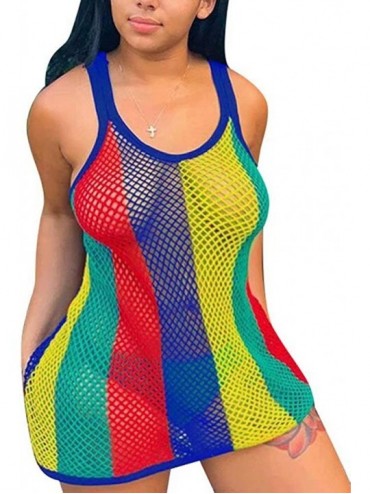Cover-Ups Women's Sleeveless Colorful Spaghetti Strap Stripe Fishnet Cover up Dress Summer Beach Bikinis Swimwear Royal Blue ...