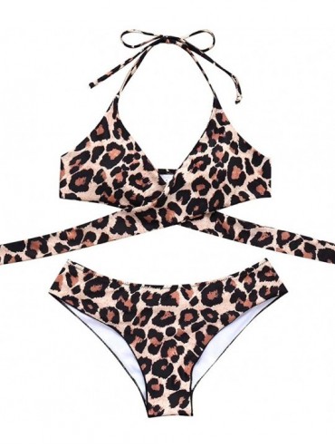 Sets Women Front Cross Halter Push up Bikini Floral Bottom 2 Piece Cute Swimsuits - 77 Leopard Prints - C018U45QWLW $44.22