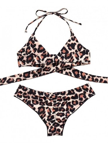 Sets Women Front Cross Halter Push up Bikini Floral Bottom 2 Piece Cute Swimsuits - 77 Leopard Prints - C018U45QWLW $24.50