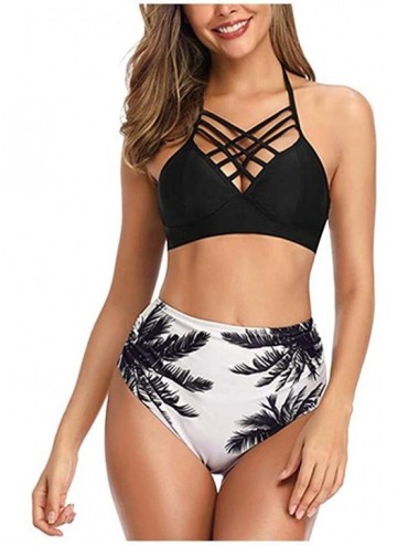 Racing Women Bathing Suit Top Strappy Swimsuit Two Piece Halter Top High Waisted Floral Bikini Set - Black - CT194L7W4AI $26.97