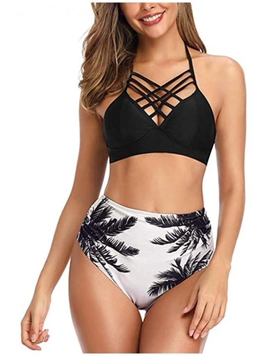 Racing Women Bathing Suit Top Strappy Swimsuit Two Piece Halter Top High Waisted Floral Bikini Set - Black - CT194L7W4AI $11.36