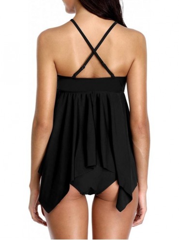 Tankinis Women's Ruched Solid Two-Piece Swimsuit Tankini Set Swimwear - Black （a Lined Flowy） - CD18M4S94YY $14.54