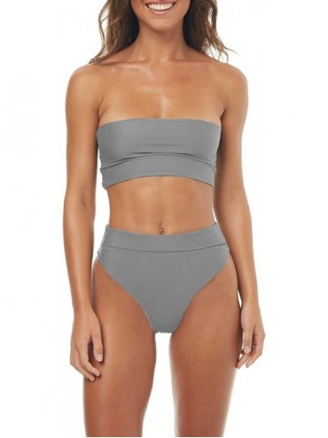 Sets Womens Bandeau Bikini High Waisted Swimsuit Sexy Two Piece High Cut Bathing Suit - Grey - C818CSL2HGI $51.58
