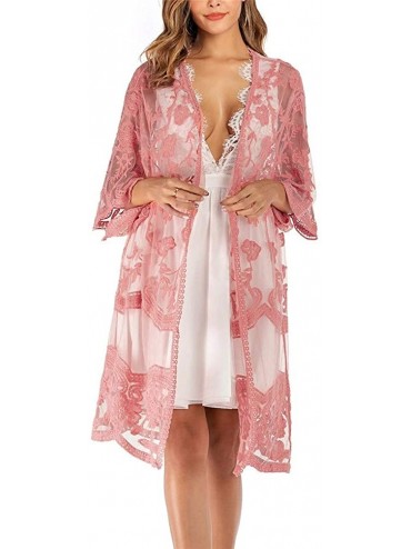 Cover-Ups Women's Lace Cardigan Floral Crochet Sheer Beach Bikini Cover Ups Long Open Kimono - B-pink - CJ1933DHIWS $35.29