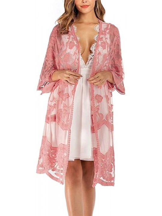 Cover-Ups Women's Lace Cardigan Floral Crochet Sheer Beach Bikini Cover Ups Long Open Kimono - B-pink - CJ1933DHIWS $20.62