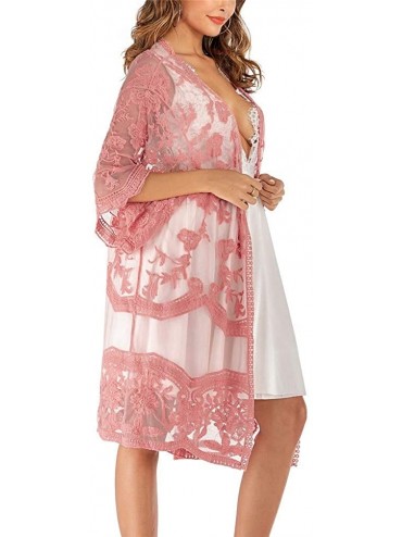 Cover-Ups Women's Lace Cardigan Floral Crochet Sheer Beach Bikini Cover Ups Long Open Kimono - B-pink - CJ1933DHIWS $20.62