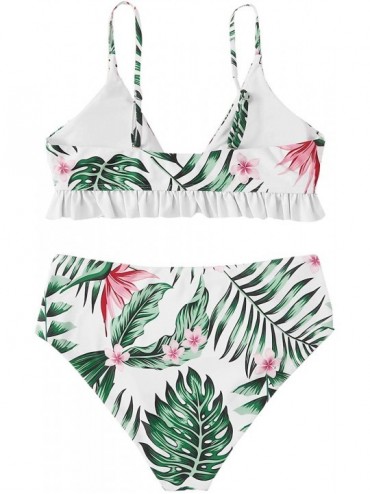 Sets Women's 2 Pieces Knit Knot Ruffle Hem Top with High Waist Thong Bikini Set - White Green - CH1965K2M90 $12.08