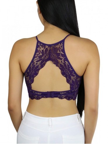Tops Women's Keyhole High Neck Stretch Lace Bralette with Lined Cups - Dark Purple - CQ18U5KEXXY $9.80