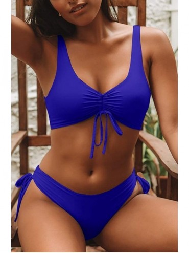 Sets Womens V Neck Tie Knot Front Two Piece Swimsuit Ruched Solid Color Drawstring Bikini Push Up Cheeky Bathing Suit Blue - ...