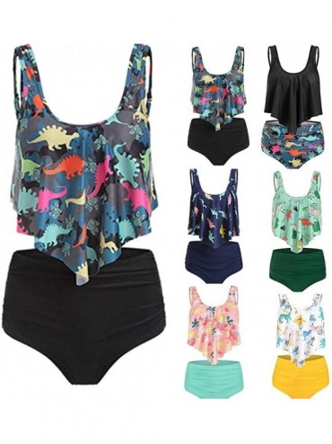 Racing Women Two Pieces Bathing Suits Flounce Ruffled Top with High Waisted Dinosaur Print Bottom Tankini Swimsuits for Women...