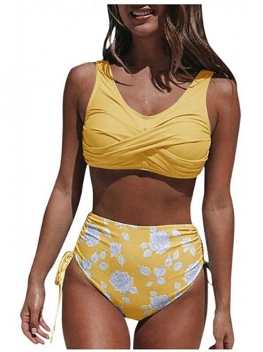 Rash Guards Swimsuits for Women Plus Size Two Piece Bikini Set High Waisted Tie Side Bottom Swimsuits - Yellow - C2197HNIRK6 ...