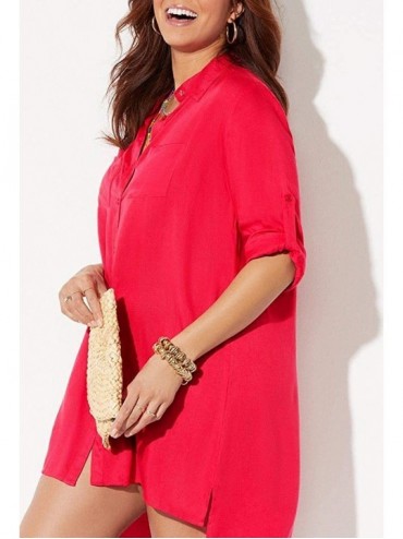 Cover-Ups Women's Plus Size Lyla Button Up Cover Up Shirt - Grenadine - CS196EO698I $33.97