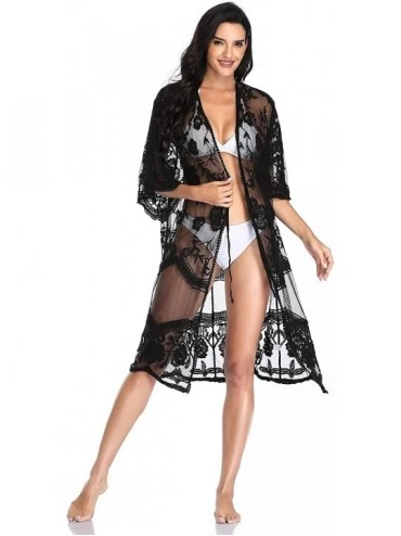 Cover-Ups Women Nightgown Bathing Suit Bikini Cover Up 3/4 Sleeve Sleepshirt Beachwear Open Front Sexy Robes for Lady 4 Black...